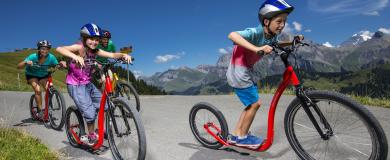 Abfahrt mit der ganzen Familie mit dem Trottinett von Silleren zurück nach Adelboden